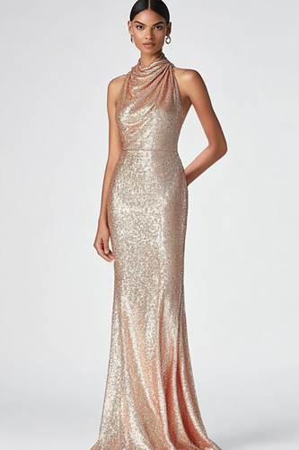 Sparkly Champagne Sequin Sheath High Neck Long Formal Dress