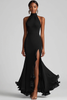 Load image into Gallery viewer, Queendancer Women Elegant Black Formal Dress with Slit Sheath High Neck Ruffled Black Tie Dress