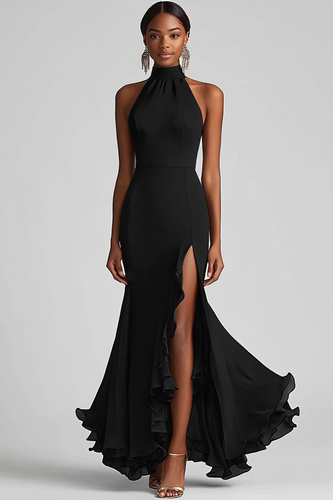 Black Sheath High Neck Ruffled Long Formal Dress with Slit