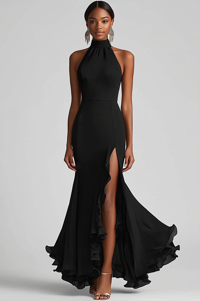 Load image into Gallery viewer, Black Sheath High Neck Ruffled Long Formal Dress with Slit