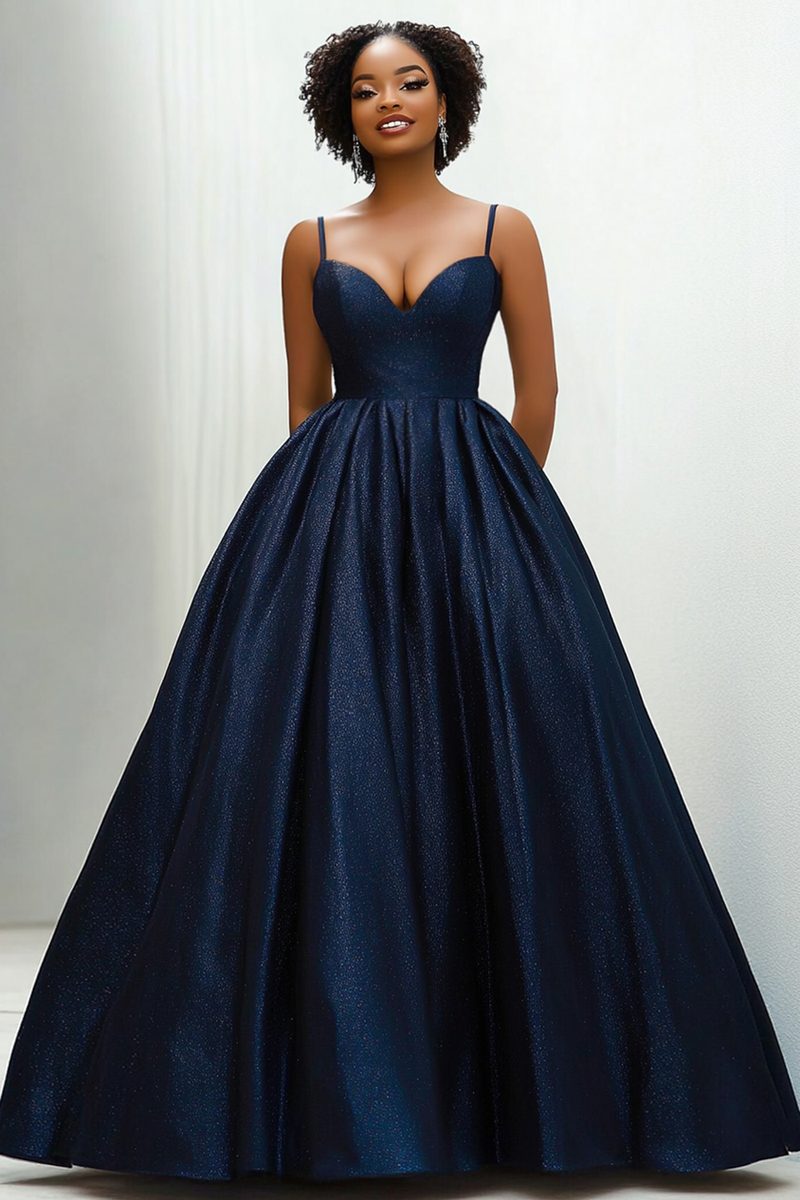 Load image into Gallery viewer, Glitter Navy Sweetheart Spaghetti Straps Satin Long Formal Dress