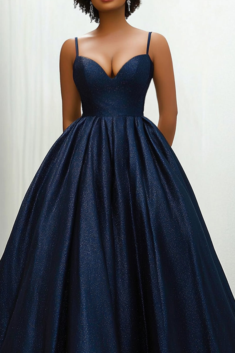 Load image into Gallery viewer, Glitter Navy Sweetheart Spaghetti Straps Satin Long Formal Dress