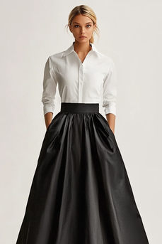 Chic Black A Line Satin Long Formal Dress with Sleeves