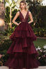 Load image into Gallery viewer, Burgundy V-Neck Tiered Tulle Long Formal Dress with Lace