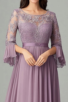 Taro Purple A Line Pleated Chiffon Mother of the Bride Dress with Lace