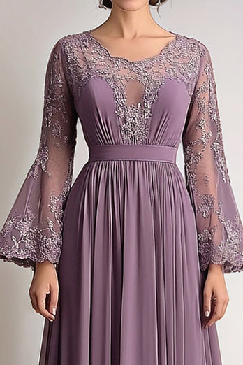 Taro Purple Chiffon Pleated Long Sleeves Mother of the Bride Dress