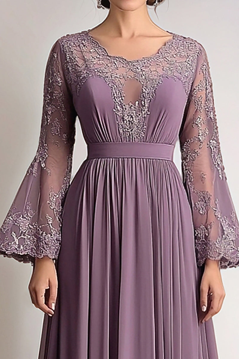 Load image into Gallery viewer, Taro Purple Chiffon Pleated Long Sleeves Mother of the Bride Dress