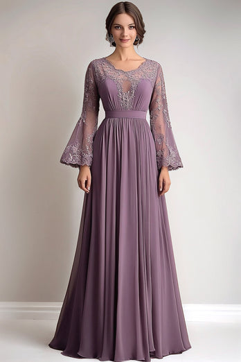 Taro Purple Chiffon Pleated Long Sleeves Mother of the Bride Dress