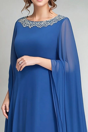 Sparkly Chiffon Blue Round Neck Maxi Mother of the Bride Dress