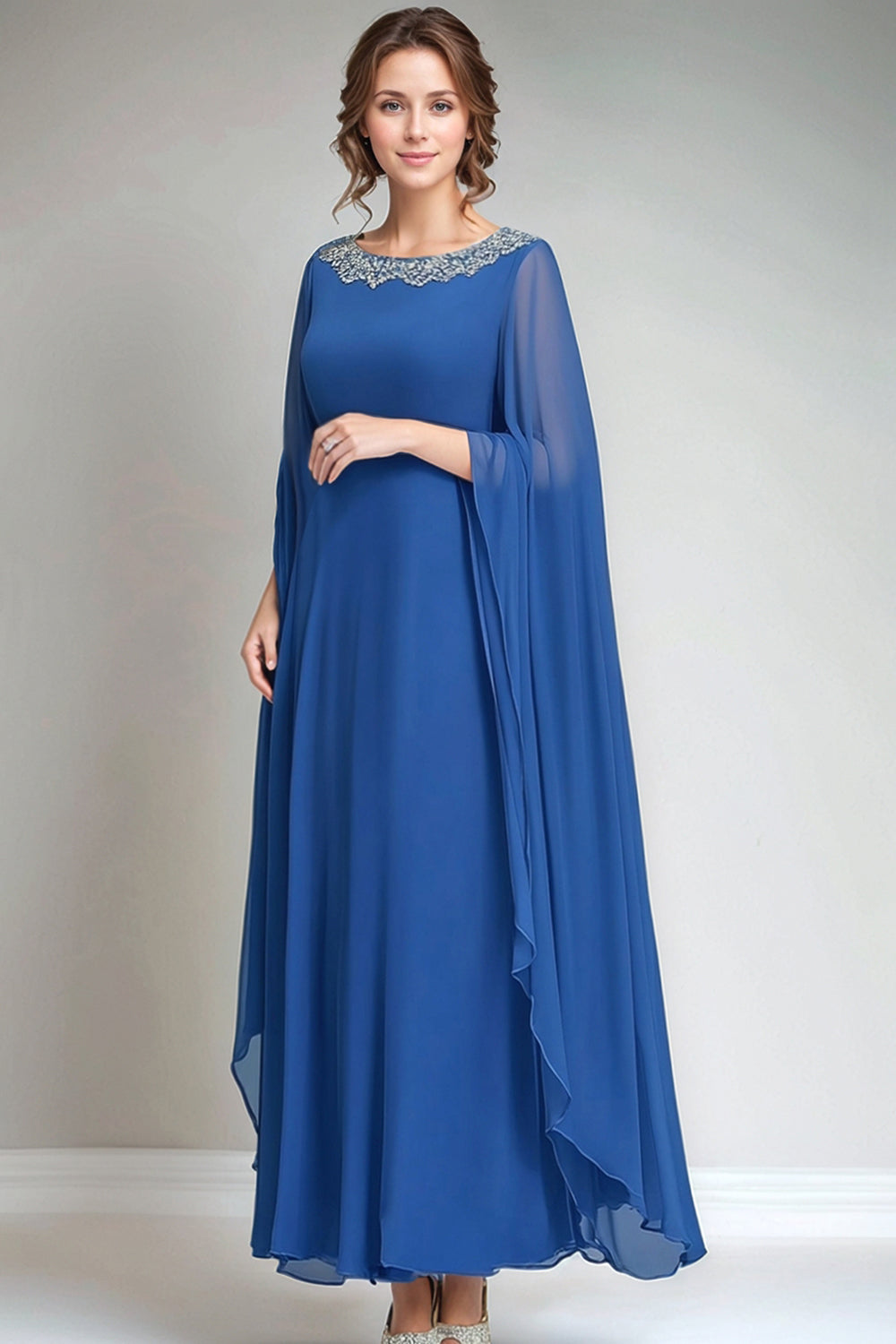 Sparkly Chiffon Blue Round Neck Maxi Mother of the Bride Dress