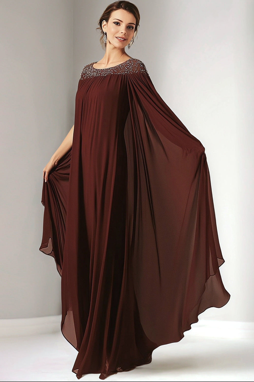 Sparkly Burgundy Flowy Chiffon Maxi Mother of the Bride Dress