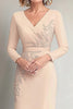 Load image into Gallery viewer, Beige V-Neck Appliqued Mother of the Bride Dress with Long Sleeves