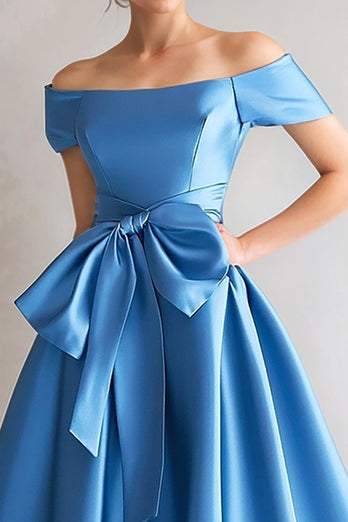 Elegant Blue Off the Shoulder Satin Mother of the Bride Dress with Bow