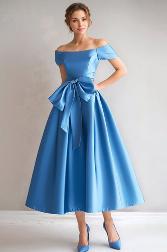 Elegant Blue Off the Shoulder Satin Mother of the Bride Dress with Bow