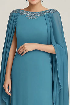 Blue Chiffon Boat Neck Flowy Maxi Mother of the Bride Dress