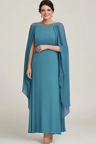 Blue Chiffon Boat Neck Flowy Maxi Mother of the Bride Dress