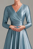 Load image into Gallery viewer, Grey Blue A Line V-Neck Satin Mother of the Bride Dress with Long Sleeves