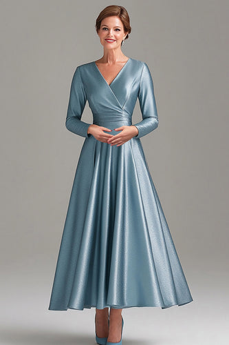 Grey Blue A Line V-Neck Satin Mother of the Bride Dress with Long Sleeves