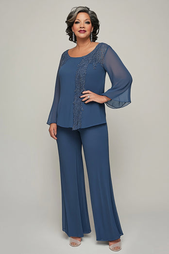 Dark Blue Scoop Neck Chiffon Jumpsuit with Appliques