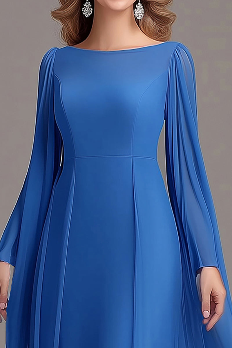 Load image into Gallery viewer, Blue Sheath Flowy Boat Neck Chiffon Maxi Mother of the Bride Dress