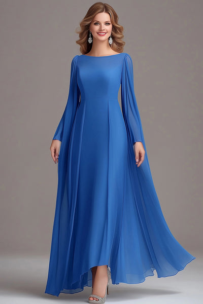 Blue Sheath Flowy Boat Neck Chiffon Maxi Mother of the Bride Dress