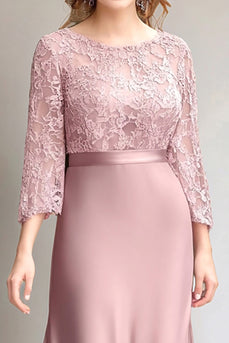 Pink Floral Boat Neck 3/4 Sleeves Mother of the Bride Dress with Lace