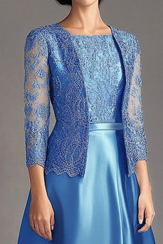 Floral Blue Spaekly Satin Mother of the Bride Dress with Lace Jacket