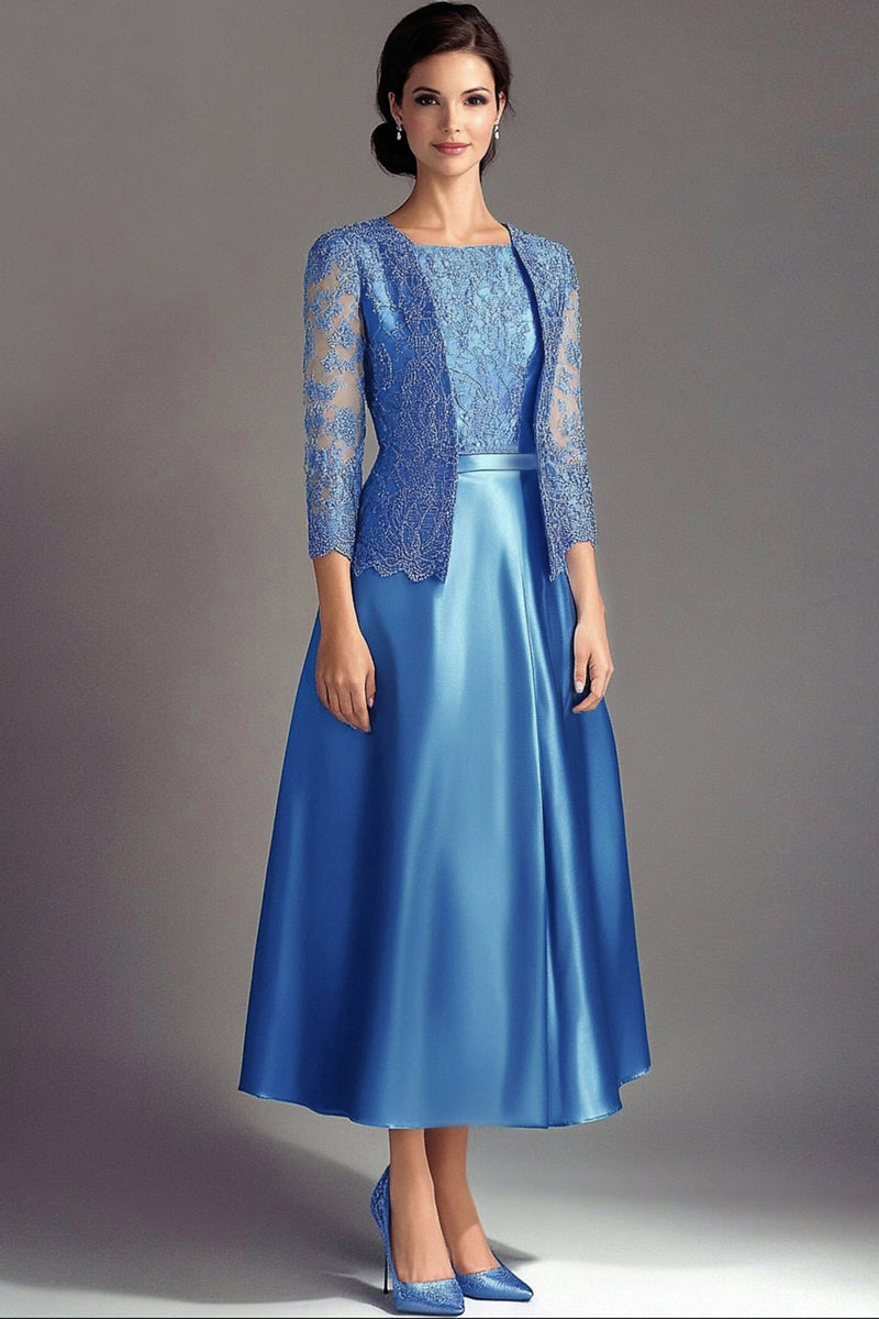 Load image into Gallery viewer, Floral Blue Spaekly Satin Mother of the Bride Dress with Lace Jacket