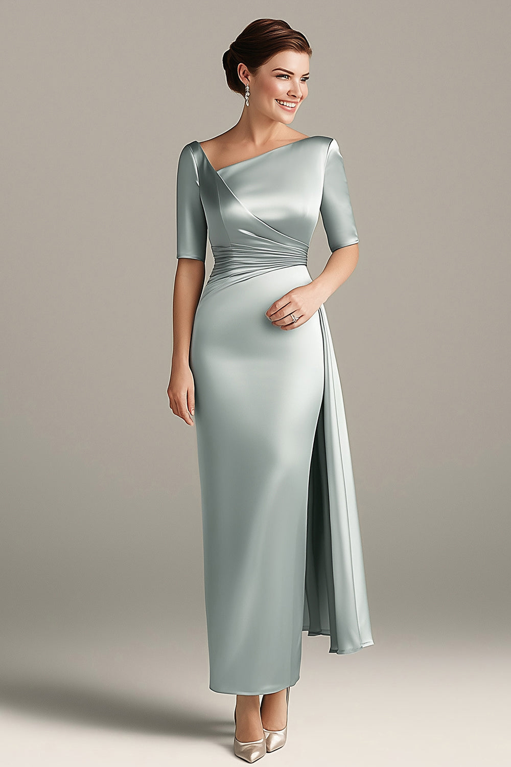 Silver Grey Asymmetrical Ruched Satin Mother of the Bride Dress