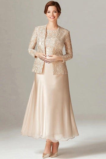 Floral Champagne Chiffon Mother of the Bride Dress with Sparkly Jacket