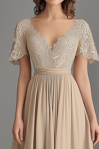 Champagne V-Neck Pleated Asymmetrical Mother of the Bride Dress with Lace