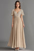 Load image into Gallery viewer, Champagne V-Neck Pleated Asymmetrical Mother of the Bride Dress with Lace