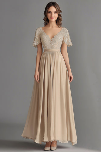 Champagne V-Neck Pleated Asymmetrical Mother of the Bride Dress with Lace