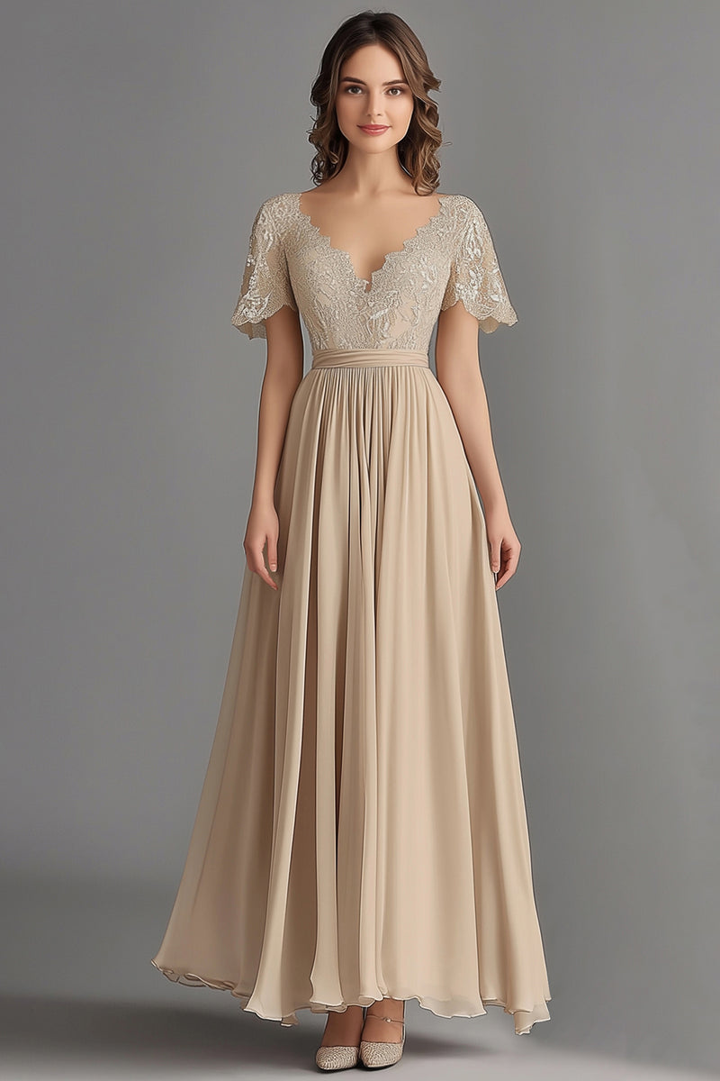 Load image into Gallery viewer, Champagne V-Neck Pleated Asymmetrical Mother of the Bride Dress with Lace