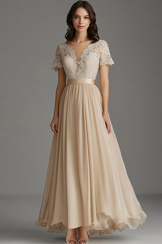 Floral Champagne V-Neck Mother of the Bride Dress with Lace