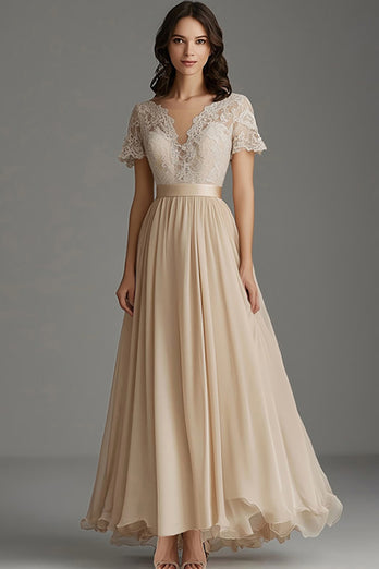 Champagne A Line Pleated Chiffon Mother of the Bride Dress with Lace