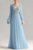 Load image into Gallery viewer, Sky Blue A Line Pleated V-Neck Long Formal Dress with Sleeves