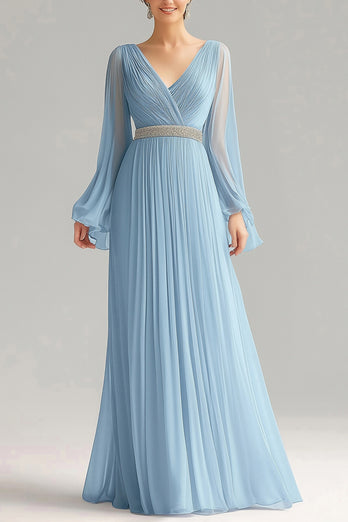 Sky Blue A Line Pleated V-Neck Long Formal Dress with Sleeves