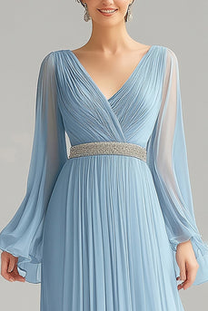 Sky Blue A Line Pleated V-Neck Long Formal Dress with Sleeves