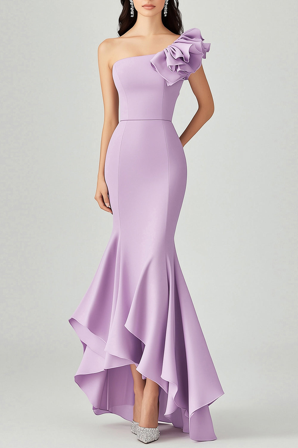 Lilic Satin Asymmetrical One Shoulder Long Formal Dress with Ruffles