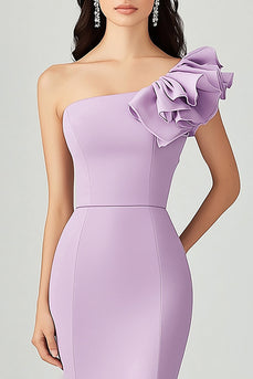 Lilac Satin Asymmetrical One Shoulder Long Formal Dress with Ruffles