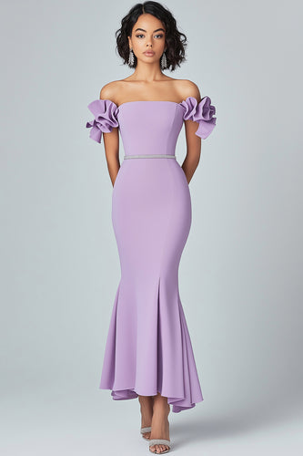 Off the Shoulder Lilac Mermaid Ruffled Long Formal Dress