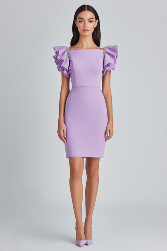 Lilac Bodycon Square Cap Sleeves Satin Formal Dress