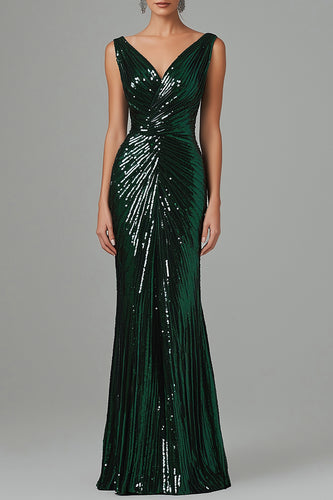 Dark Green V-Neck Sheath Sparkly Long Formal Dress