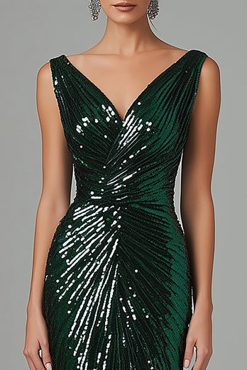 Dark Green V-Neck Sheath Sparkly Long Formal Dress