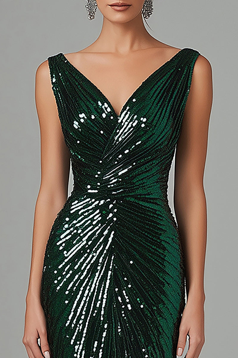 Load image into Gallery viewer, Dark Green V-Neck Sheath Sparkly Long Formal Dress