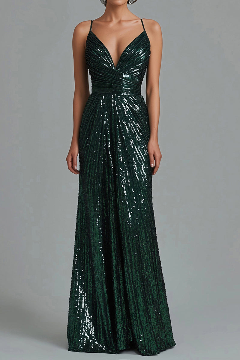 Load image into Gallery viewer, Dark Green Sparkly Spaghetti Straps Sheath Long Formal Dress