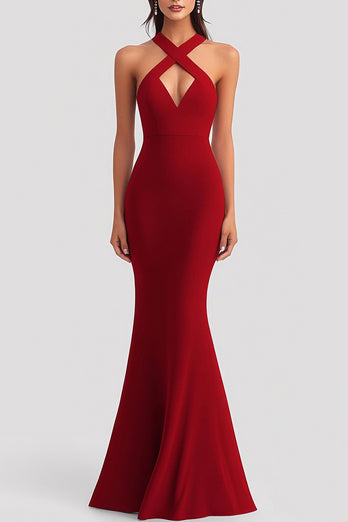 Elegant Red Mermaid Keyhole Satin Long Formal Dress