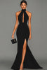 Load image into Gallery viewer, Black Mermaid High Neck Keyhole Satin Long Formal Dress with Slit