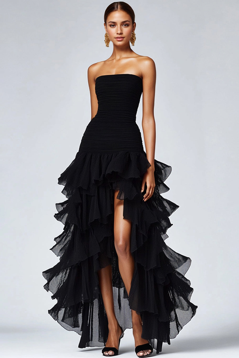 Black Strapless Tulle Tiered Long Formal Dress